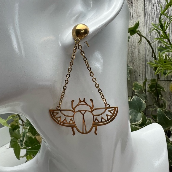 Ancient Egyptian Beetle Trendy Earrings - Egyptian Scarab Beetle Edgy Earrings - Picture 6 of 17